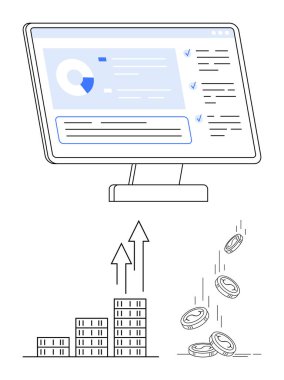 Bilgisayar monitörü analitik arayüzü, yukarı doğru oklarla çizelgeyi ve bozuk paraların düşüşünü gösteriyor. Ticari büyüme, gelir yönetimi, mali analiz, ekonomi, yatırım, veri güdümlü