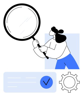 Elinde büyüteç tutan kadın, metin, işaret simgesi ve ayar teçhizatı ile temsil edilen verileri analiz ediyor. Araştırma, analitik, veri incelemesi, kalite kontrolü, ayar yönetimi doğrulaması için ideal