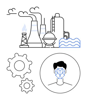 Bacaları, su dalgası ve alevi olan bir fabrika. Aşağıda biyometrik tasarımı olan dişliler ve insan kafası. Otomasyon, yapay zeka, veri güvenliği, yüz tanıma, endüstri enerjisi ve teknoloji soyut çizgisi için ideal