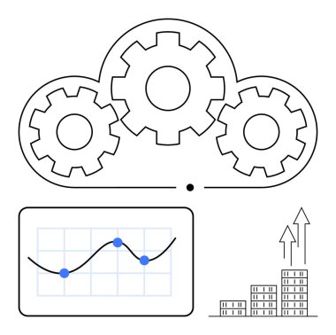 Bulut dişlileri süreç otomasyonunu sembolize eder. Veri içeren çizelge analizleri izler. Çubuk grafik büyüme eğilimlerini gösteriyor. Teknoloji, iş dünyası, üretkenlik, analiz, bulut sistemleri, verimlilik için ideal