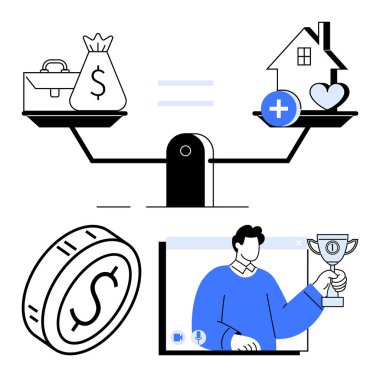 Para ve evi dengeliyor. Bozuk para, elinde kupa tutan kişi. Finans, kararlar, öncelikler, başarılar, denge hayatı, yatırımlar için idealdir.