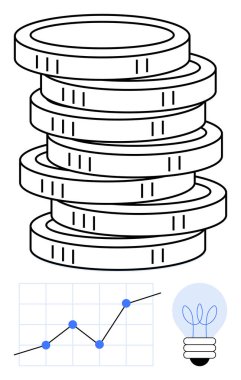 Serveti simgeleyen birikmiş paralar, çizgi grafik takip büyümesini ve yeniliği simgeleyen ampuller. Finans, yatırım, ilerleme, iş stratejisi, yenilik, başarı soyut çizgisi için ideal