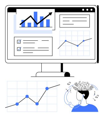 Bilgisayar ekranında çizelgeler, grafikler, ilerleme listeleri ve yaratıcı botanik fikir ve büyüme kavramları gösteriliyor. İş için ideal, analitik, yaratıcılık, yenilik, üretkenlik planlaması