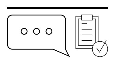 Elipsli konuşma balonu ve kontrol panosu ile işaretli bir kontrol panosu. İletişim, görev yönetimi, geri bildirim, planlama, proje yürütme, ilerleme izleme, soyut çizgi düz