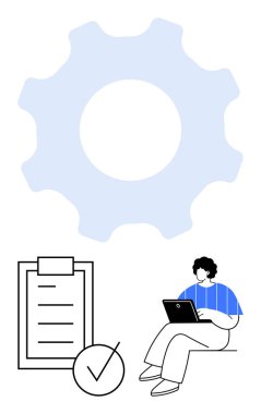 Büyük teçhizat işlem otomasyonunu temsil eder. Denetim Listesi planlamayı ön plana çıkarırken, dizüstü bilgisayarı olan kişi uzaktan çalışmayı iletir. Verimlilik, planlama, üretkenlik, işbirliği, teknoloji için ideal