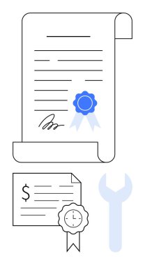 Üzerinde mavi kurdele mührü ve imzası olan resmi belge parşömeni, yanında dolar işareti ve saat dişlisi amblemi olan bir sertifika. Sertifika, tasdik, sözleşmeler, finans ve kalite için ideal