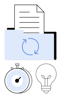 Belge, okların, zamanlayıcının ve ampulün olduğu klasör. Üretkenlik, yenilik, zaman yönetimi, yaratıcılık, veri örgütü, iş akışı verimliliği için ideal soyut çizgi düz metafor
