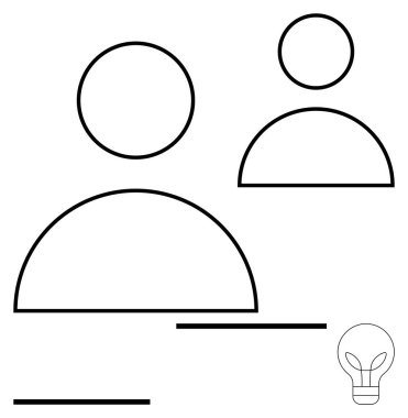 Geometrik çizgileri olan iki soyut insan çizgisi ve fikirleri sembolize eden bir ampul. Takım çalışması, yaratıcılık, işbirliği, ağ oluşturma, beyin fırtınası, yenilik, soyut düz metafor için ideal