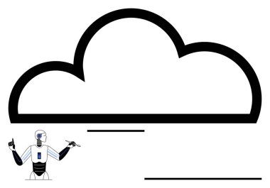 Cesur bulut formunda hareket eden robot yapay zekayı, veri depolamayı ve bulut hizmetlerini sembolize ediyor. Teknoloji, otomasyon, yenilik, bulut hesaplama, yapay zeka fütüristik kavramları için idealdir.