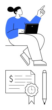 Dizüstü bilgisayarı olan bir kadın, yukarıya bakıyor, fikirleri ya da hedefleri sembolize ediyor. Altında mali belge, kalem ve ödül kurdelesi var. Eğitim, başarı ve finans sektörü için ideal