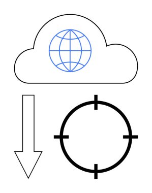 İçinde küre, aşağı doğru ok ve hedef çember olan bulutlar. Bulut hizmetleri, dijital indirmeler, küresel erişim, çevrimiçi depolama, siber güvenlik, veri yönetimi teknoloji endüstrisi için ideal
