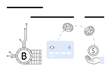 Bitcoin grafiği, kredi kartı ve bir ele aktarılan madeni paralar. Dijital işlemler, finans, kripto para kullanımı, ödeme sistemleri, çevrimiçi bankacılık, fintech yenilikleri için ideal