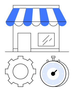 Mavi çizgili güneşlikli vitrin, iş akışı optimizasyonu için teçhizat, zaman yönetimi için kronometre. İş stratejisi, perakende planlama, verimlilik, zaman tasarrufu, işlemler, verimlilik için ideal