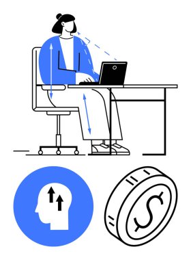 Bilgisayarı ergonomik konumlandırma, zihin büyüme ikonu ve maddi ilerleme için madeni para kullanan kişi. İş hayatı dengesi, üretkenlik, finans, ergonomik, verimlilik, soyut odaklanma için ideal
