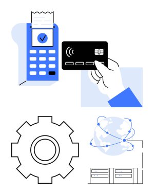 Faturalı ödeme terminali, bağlantısız işlem için kart, işlem için teçhizat, bağlantıları olan dünya, veri sunucuları. Fintech, e-ticaret, küresel ödemeler, güvenlik teknolojisi için ideal