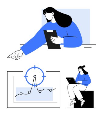 Çizelgeye panoyla bakan bir kadın, grafiğe odaklanmış, dizüstü bilgisayarda çalışan bir kadın. İş stratejisi, analitik, takım çalışması, araştırma, veri güdümlü kararlar, soyut planlama için ideal