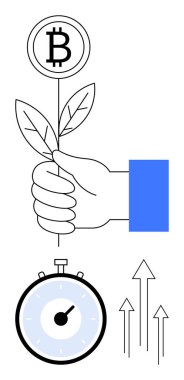 Bitcoin sembollü, kronometre ve yukarı bakan oklarla çevrili bir bitki. Finans, kripto para birimi, yatırım, büyüme, zaman yönetimi, ilerleme ve yenilik için ideal. Satır metaforu