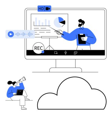 Veri tablolarını çeşitli video çağrı simgeleriyle monitörde sunan adam. Teleskopla otururken dizüstü bilgisayarla not alan bir kadın. Uzak çalışma için ideal, dijital toplantılar, sanal konferanslar, çevrimiçi