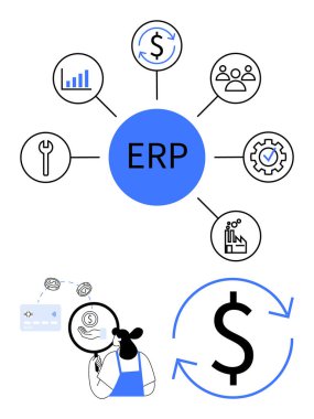 Merkezi ERP düğümü finans, CRM, üretim, analitik ve bakım gibi çeşitli işlevleri temsil eden simgelere bağlıdır. Finansal verileri büyüteçle inceleyen kadın. İdeal