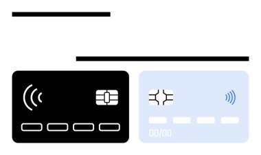 İki kredi kartı, biri siyah, biri beyaz, fişler, NFC sembolleri ve minimalist tasarım. Ödemeler, teknoloji, finansman e-ticaret bankacılığı ve soyut düz çizgi metaforu için ideal