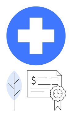 Mavi sağlık sigortası haçı, dolar işareti ve mühür sertifikası, minimalist yaprak ikonu. Sağlık, sertifika, sürdürülebilirlik, finans, eğitim, kalite güvencesi çevre sağlığı için ideal