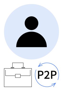 Kullanıcı silueti, minimalist evrak çantası ve dairesel P2P okları. Ağ oluşturma, profesyonel uygulamalar, işbirliği, iş çözümleri, dijital platformlar, soyut takım çalışması metaforu için ideal