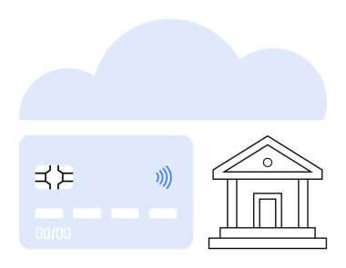 Kredi kartında çip ve minimalist banka binasının yanında temassız ikon var. Finans, bulut bankacılığı, dijital ödemeler, fintech, güvenlik, yenilik, tasarruf soyut