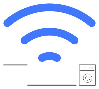 Çamaşır makinesinin üstündeki mavi kablosuz sinyal ikonu akıllı cihaz bağlantısını gösteriyor. İOT için ideal, akıllı evler, otomasyon, kablosuz iletişim, modern teknoloji, rahatlık, soyut çizgi düz