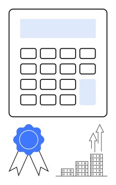 Hesap makinesi, yükselen bar çizelgesi ve finansal planlamayı, büyümeyi ve başarıyı simgeleyen mavi başarı kurdelesi. Finans, bütçe, yatırım ve iş büyümesi için ideal
