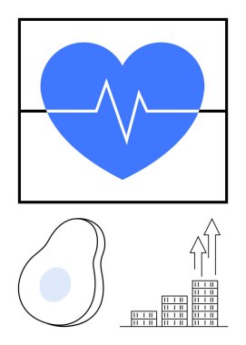 Kalp atışı çizgisi olan mavi kalp, avokado hatları, yukarı doğru okları olan parmaklıklar. Sağlık odağı, sağlık, kurumsal büyüme, beslenme, sürdürülebilir yaşam, sağlık hizmetleri hedefleri için idealdir.