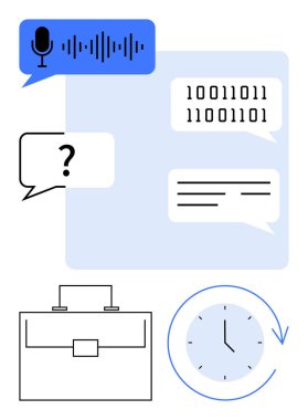 Ses girişi, ikili metin, sohbet baloncukları, evrak çantası ve saat ana hatları iletişim, yapay zeka, iş, zaman yönetimi ve programlama fikirleri. Teknoloji işi için ideal yapay zeka işbirliği