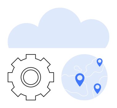 Teçhizatın üstünde bulut ve konum lobutlarıyla harita. Teknolojik yenilik, bulut hizmetleri, küresel lojistik, sistem yönetimi, veri senkronizasyonu, dijital altyapı, soyut çizgi düz metaforu için ideal