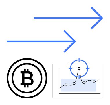 Mavi oklar ileri momentumu gösteriyor, Bitcoin sembolü kripto para birimini vurguluyor, hedefli piyasa grafiği analiz ve büyüme öneriyor. Finans, ticaret, engelleme zinciri ve dijital ekonomi için ideal