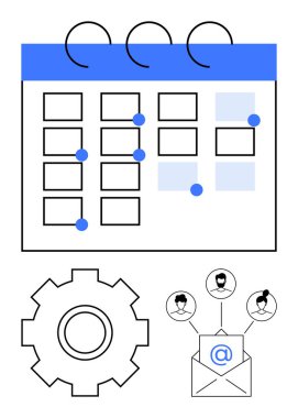 Görev noktaları için noktalı takvim, iletişim simgeleriyle dolu zarf ve ayarlar için teçhizat. Zamanlama, üretkenlik, takım çalışması, proje yönetimi, organizasyon, iletişim için ideal