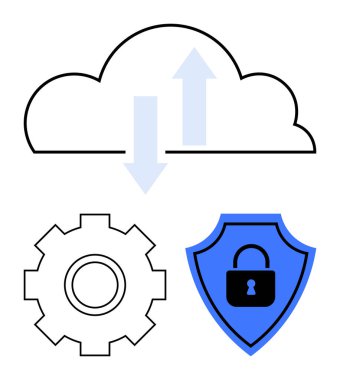 Veri transferi için okları olan bulut, sistem ayarları için teçhizat, güvenlik için kilitli mavi kalkan. Teknoloji, siber güvenlik, bulut hizmetleri, bilişim konseptleri, veri paylaşımı, sistem yönetimi için ideal