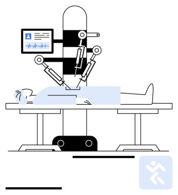 Tıbbi robot hassas kolları olan hastaya ameliyat yapıyor. Hayati organları ekranda görünüyor. Sağlık hizmetleri yeniliği, robot bilimi, yapay zeka, cerrahi gelişmeler, tıbbi teknisyenler, hasta bakımı, soyut çizgiler için ideal