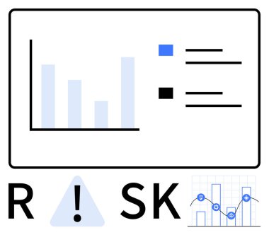 Uyarı sembolünün yanında risk seviyelerini gösteren çubuk çizelgesi ve metin blokları. Koruyucu kalkanları olan küçük çizgi grafiği. Finans, sigorta, iş planlaması, yatırım, veri analizi ve risk için ideal