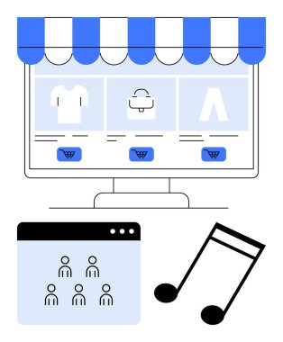 E-ticaret mağazası önü olan bilgisayar monitörü, kullanıcı simgeli tarayıcı penceresi ve müzik notası. E-ticaret, sosyal medya, dijital pazarlama, çevrimiçi perakende, müzik akışı, kullanıcı arayüzü için ideal