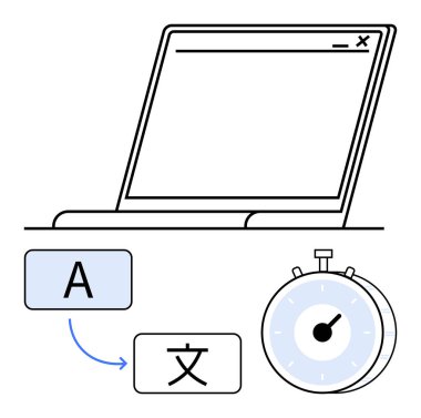 Dizüstü bilgisayar ekranını, çeviri sembollerini ve kronometreyi aç. Çeviri hızı, dijital araçlar, iletişim, küresel erişim, öğrenme, verimlilik soyut çizgi düz metaforu için ideal