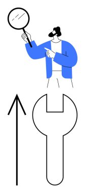 Bir adam büyüteç tutuyor ve yukarı doğru ok ve İngiliz anahtarıyla işaret ediyor. Denetim, büyüme, sorun çözme, teknik destek, iş geliştirme ve analiz kavramları için ideal