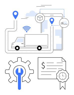 GPS 'le güçlendirilmiş rota üzerinde araç kullanıyoruz. Konum pimleri, vites ve anahtar, bakımı sembolize ediyor. Başarılı teslimat sertifikası. Lojistik, tedarik zinciri ve teslimat hizmetleri için ideal