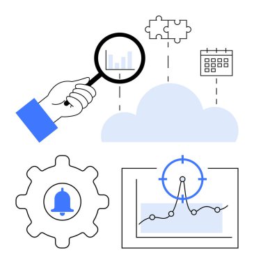 Grafik üzerinde el ele tutuşan büyüteç bulmaca, takvim, çanlı teçhizat ve analitik. Veri, bulut, planlama, bildirim, takım çalışması problem çözme çizgisi için idealdir