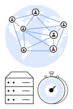 Dünya haritası üzerinden ağ hatları, veri sunucu yığını, optimize işlemler için kronometre üzerinden küresel olarak bağlanan kullanıcı düğümleri. İletişim, veri akışı, takım çalışması, teknoloji, küresel erişim için ideal