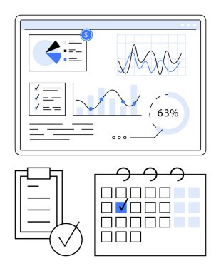 Çizelgeler, grafikler ve 63 metrik listeli pano ve işaretli tarihli takvimle birlikte analiz paneli. Yönetim, üretkenlik, planlama, karar verme veri analizi için ideal