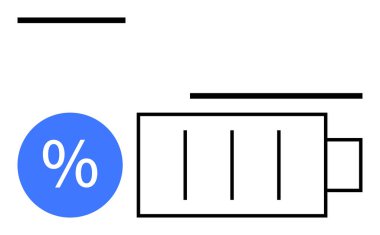 Siyah yatay çubuklu pil simgesi şarj seviyelerini gösteriyor, yüzde sembollü mavi daire. Teknoloji, enerji verimliliği, pil sağlığı, ilerleme izleme ve güç yönetimi için ideal