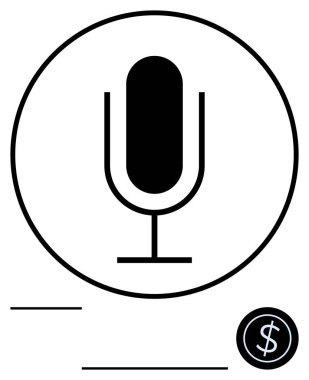 Çemberin içindeki mikrofon ve dolar simgesi ses içeriğini temsil ediyor. Podcast, seslendirme, reklam, dijital medya, iletişim, para kavramları, soyut düz çizgi