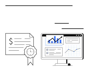 Finansal grafikler, çizelgeler ve kontrol listesi eşleşmelerini gösteren bir bilgisayarda dolar işareti ve kurdele sertifikası var. Finansal başarı, iş büyümesi, başarı, sertifika için ideal