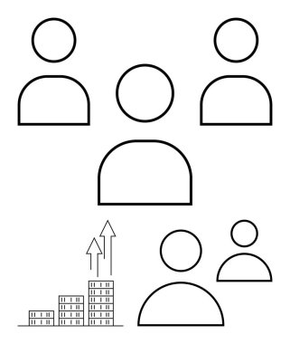 Bir grup soyut çizgi figürü ve binaların üzerinden yukarı bakan oklar. Takım çalışması, iş büyümesi, işbirliği, liderlik, iletişim, organizasyon, soyut çizgi düz metafor için ideal