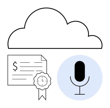 Ses kumandalı bir mikrofona bağlı bir bulut simgesi ve dolar işareti ve kurdele mührü olan dijital bir sertifika. Bulut depolama, ses teknolojisi, dijital sertifika, finansal