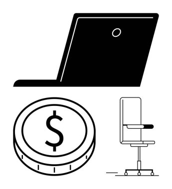 Dizüstü bilgisayar, dolar parası ve ergonomik ofis koltuğu çalışmanın, verimliliğin, gelirin ve teknolojinin altını çizmektedir. İş, kariyer, modern işyeri uzak işleri için ideal ofis yaşam tarzı soyut